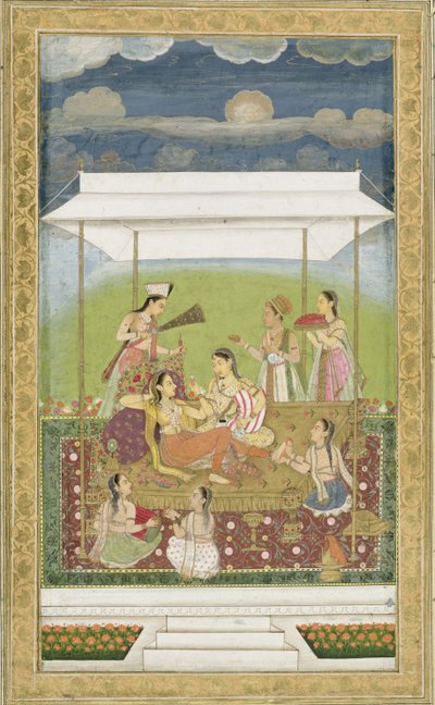 Dames luisteren naar muziek in een tuin, uit het Small Clive Album door Mughal School